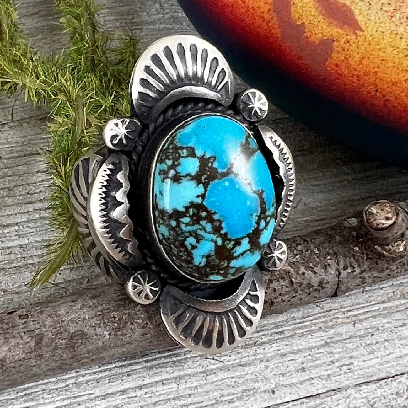 Size 8 / B  Beautiful High Grade, Blue, Kingman spiderweb Turquoise ring, Heavy handmade by Navajo artist, Gilbert Tom, signed,