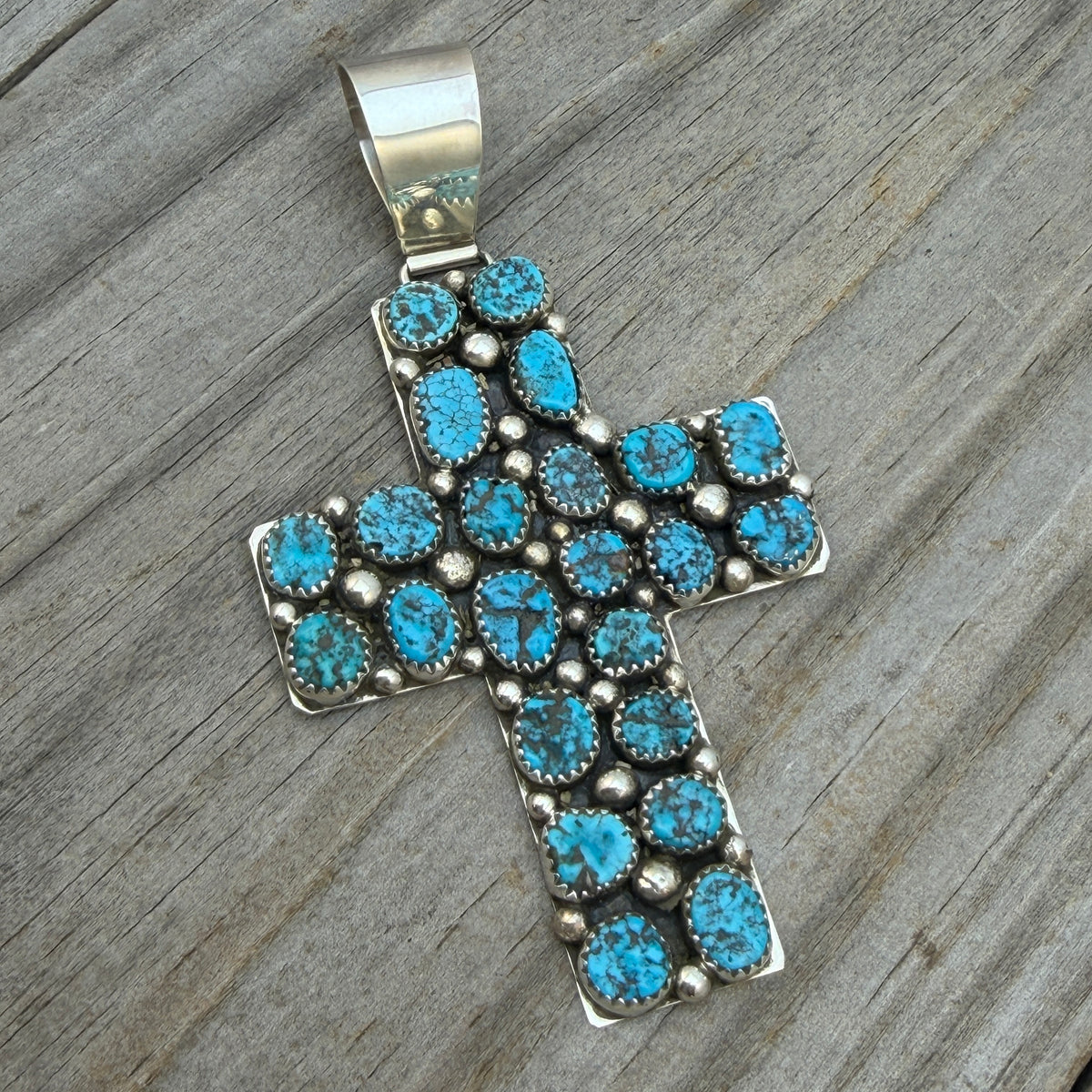 Kingman Turquoise Cross Pendant Melvin Jones Navajo handmade Sterling silver PD1