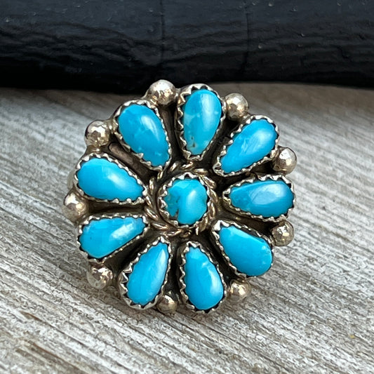 Size 7.5 Blue Turquoise Round Cluster Ring Navajo handmade Sterling Silver Alicia Wilson