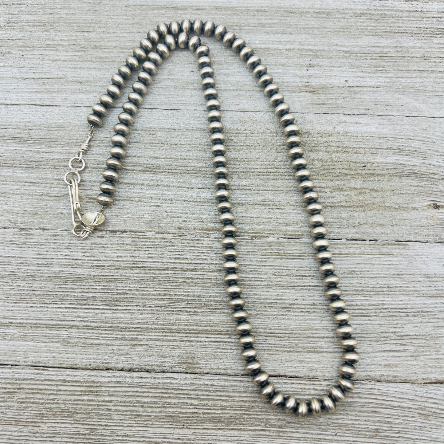 20" Sterling silver Navajo handmade 6mm oval bead Pearl necklace Bryannen Halwood 698