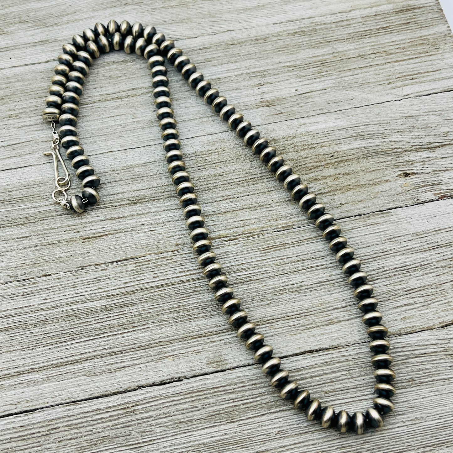 24" Sterling silver Navajo handmade 7mm oval bead Pearl necklace Bryannen Halwood 706