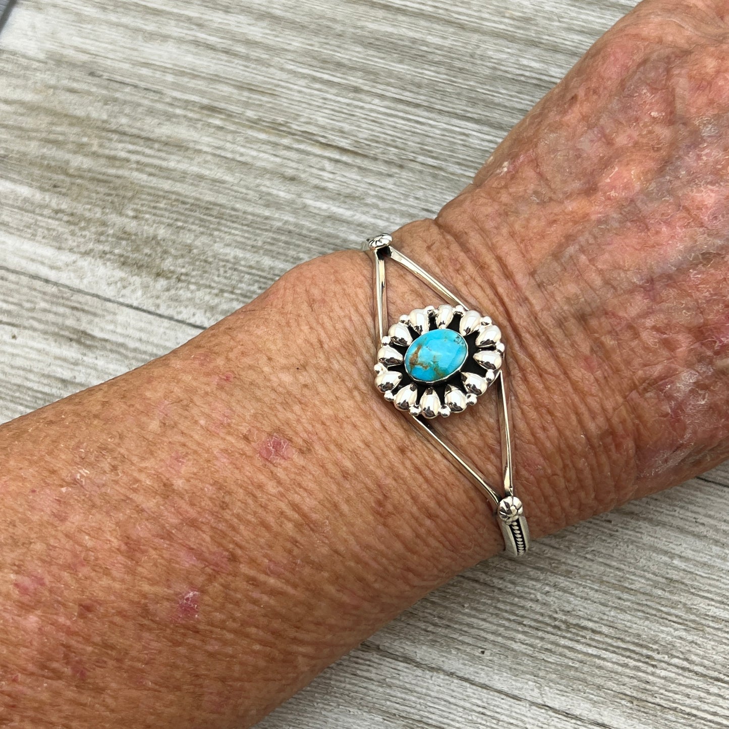 6 1/2" Stamped Navajo sterling silver turquoise cuff bracelet BR63
