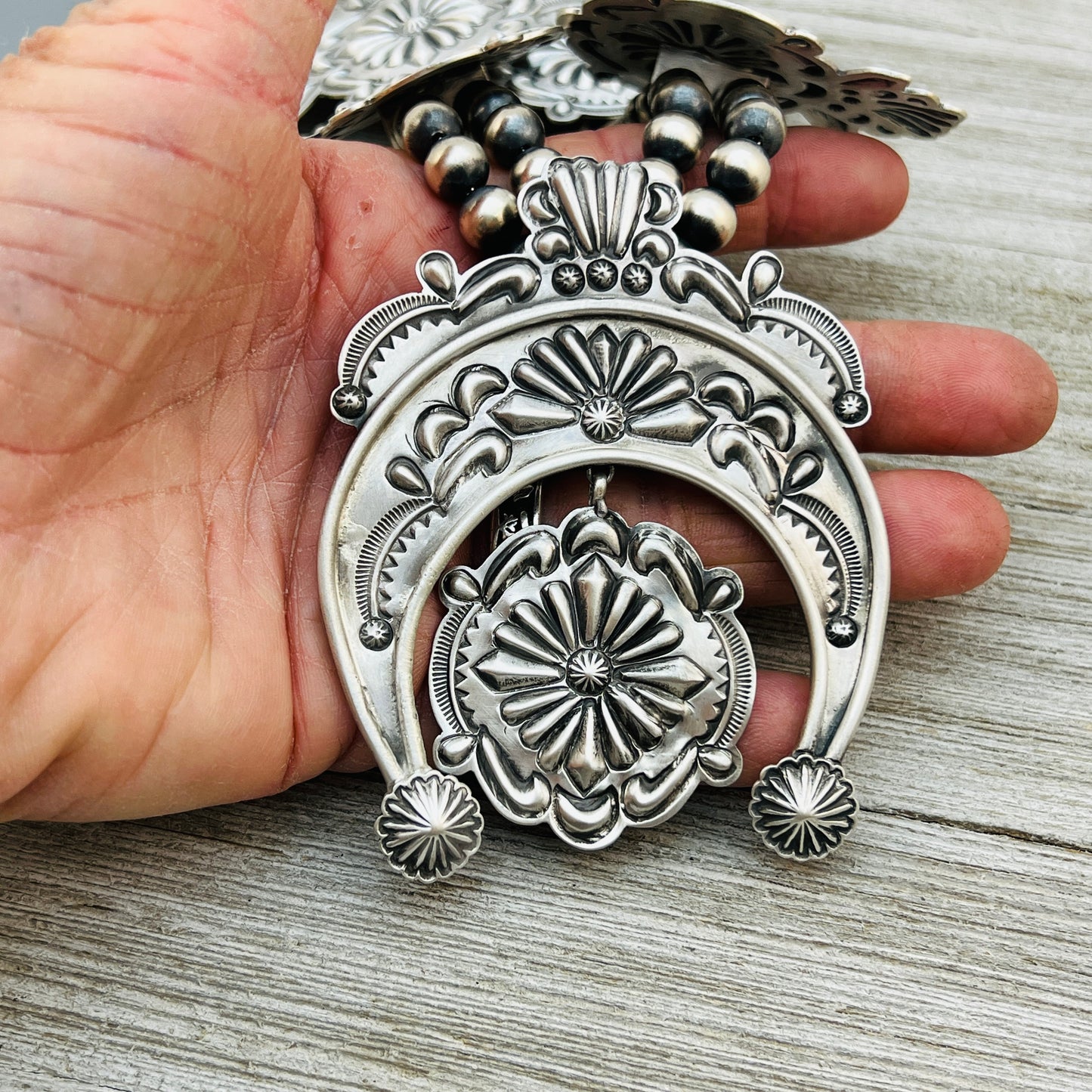 Large all silver Terry Charlie Squash Blossom Necklace Stamped repousse Navajo handmade NK1
