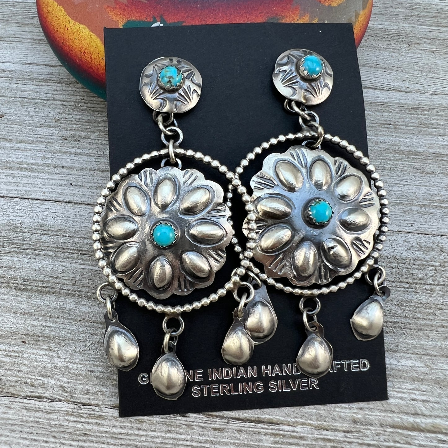 Long Dangle Concho earrings #4, sterling silver turquoise Gabrielle Yazzie signed