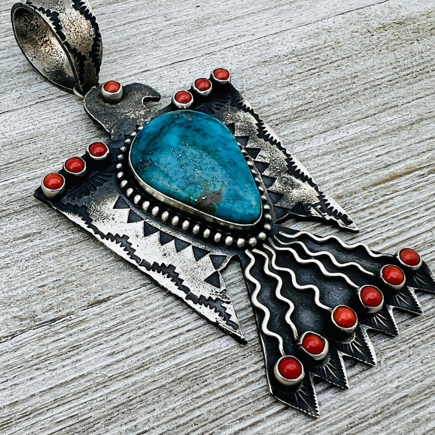 large Heavy Thunderbird Pendant Turquoise Coral Shawn Cayatineto Sterling Silver