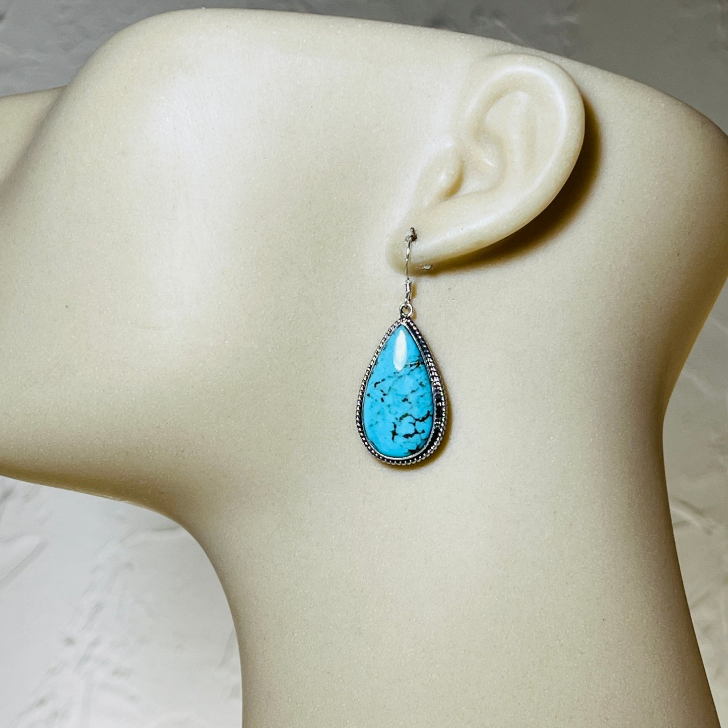 Blue turquoise teardrop earrings sterling silver Sharon McCarthy Navajo ER53
