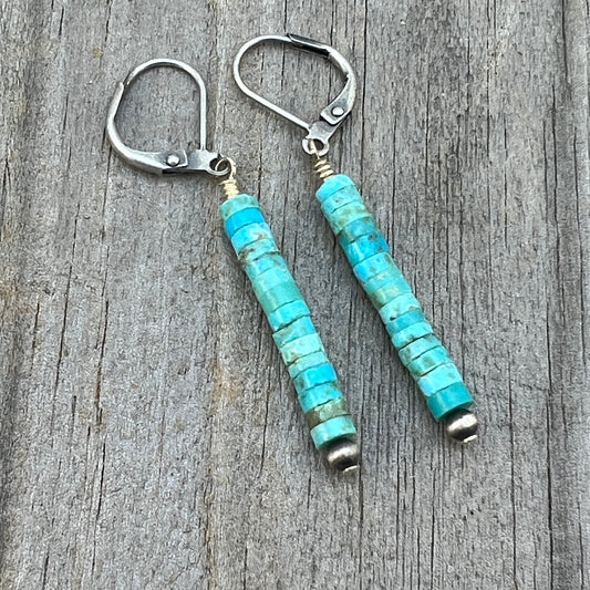 Kingman Turquoise heishi simple bar drop earrings Sterling silver Western pearls  805