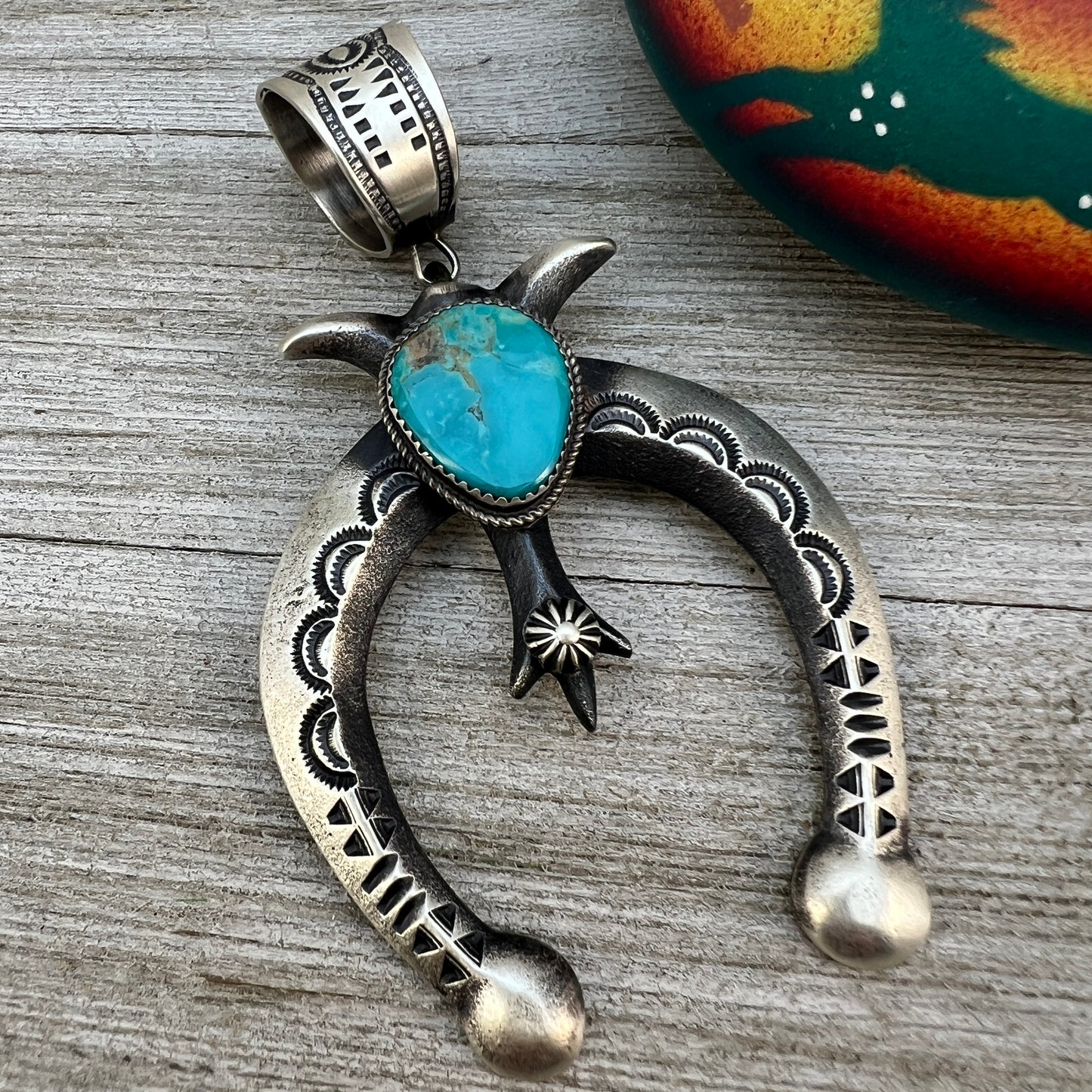 Large Tufa cast sterling silver turquoise naja pendant 1, Martha Cayatineto, Navajo signed