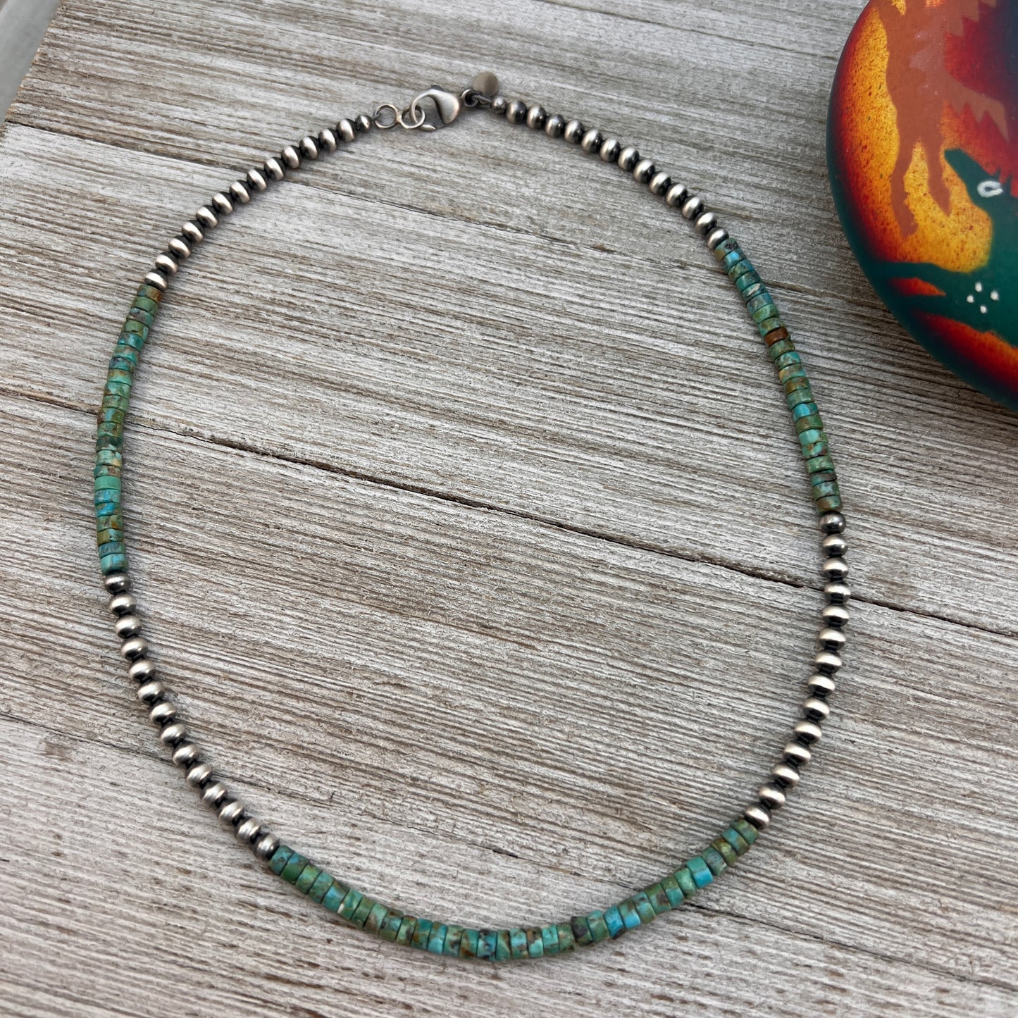 4mm Kingman Turquoise Heishi Necklace with Sterling silver Oxidized Pearls, Southwest Western Jewelry