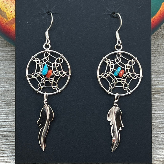 Turquoise Coral Dream catcher Dangle Earrings sterling silver Lorenzo Arviso lightweight