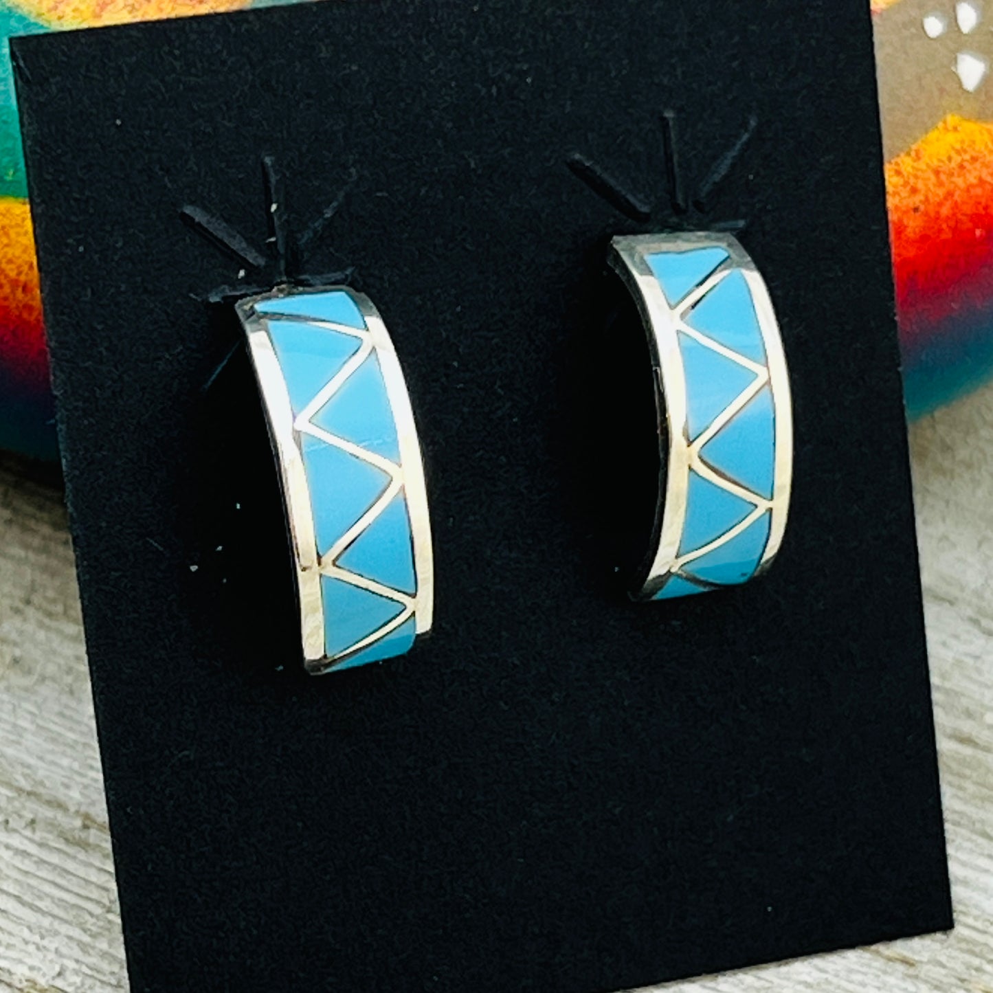 Small Turquoise inlay semi - hoop earrings Tina Haloo Zuni Sterling silver ER41