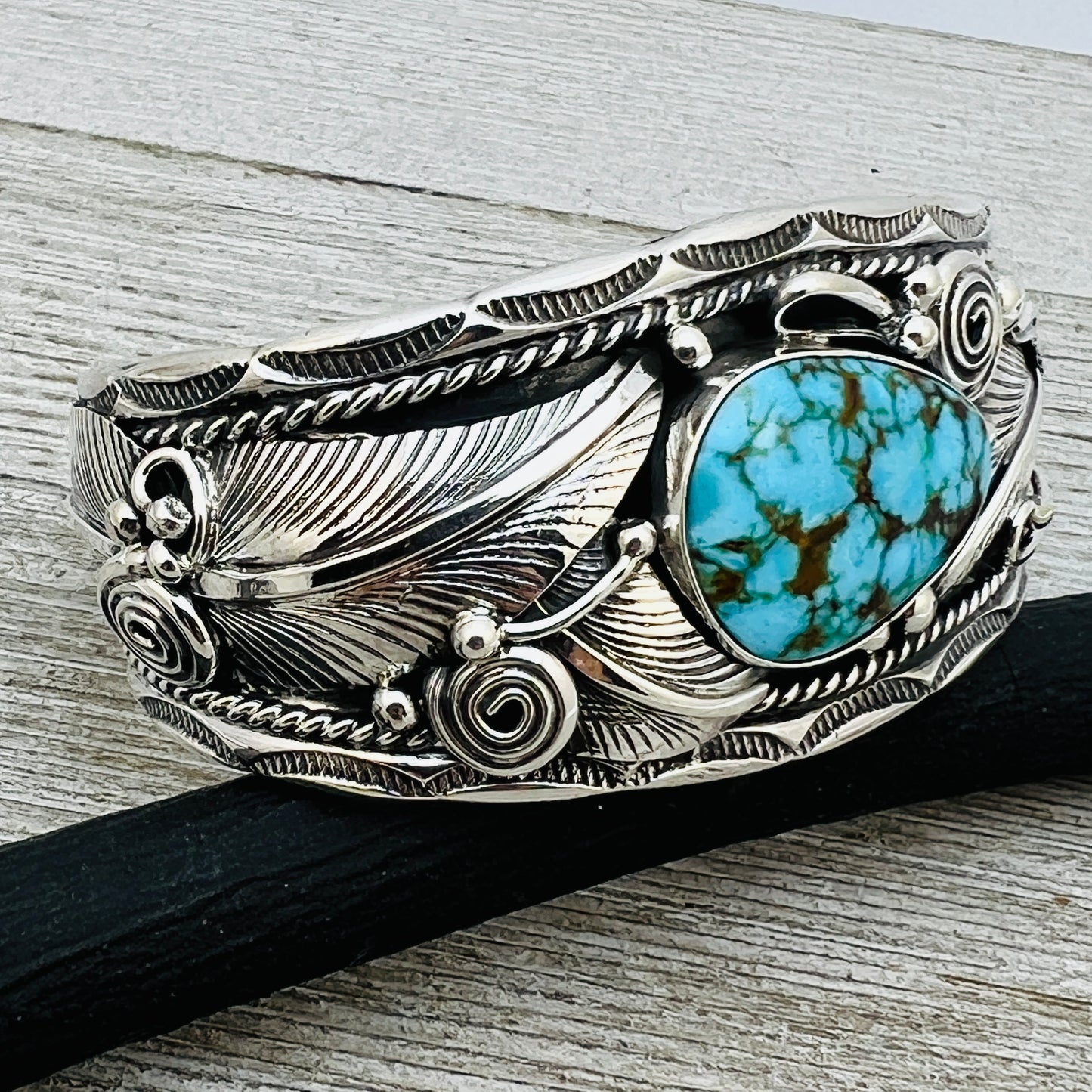 6 1/4" Kingman Turquoise floral cuff bracelet sterling silver Darrell Morgan BR4