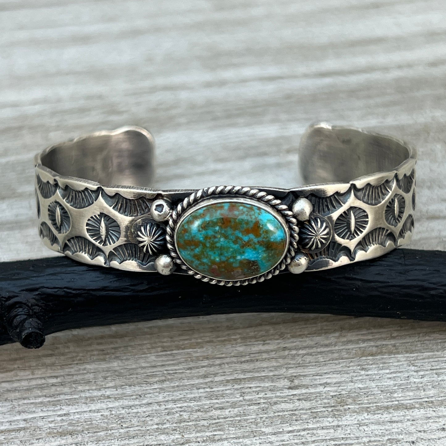 7" Kingman Turquoise Simple stamped Cuff Bracelet, Sterling Silver Navajo Kevin Billah
