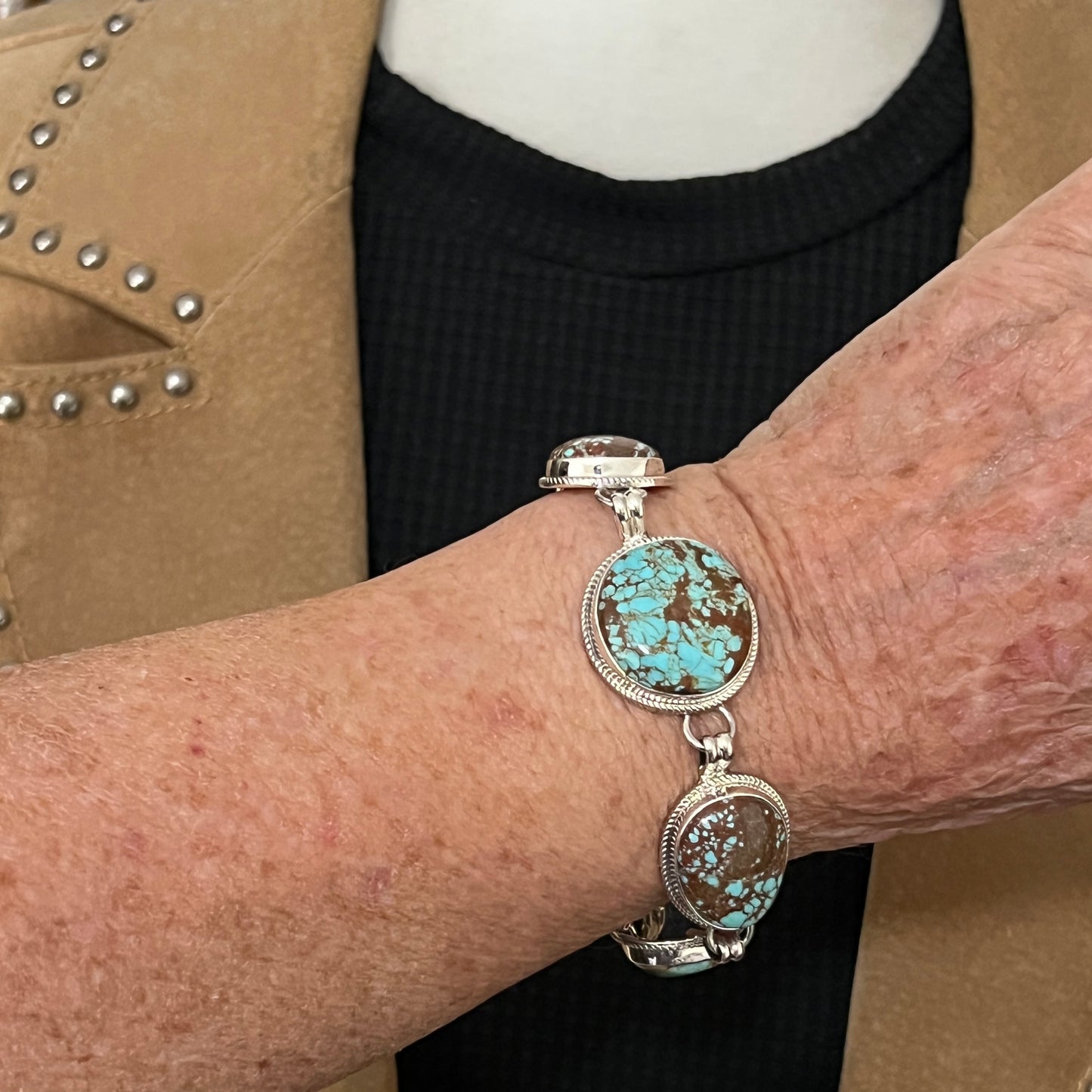 Link Bracelet #8 Turquoise, 7 5/8", 8 1/4", 8 7/8", adjustable length sterling silver Lyle Piaso