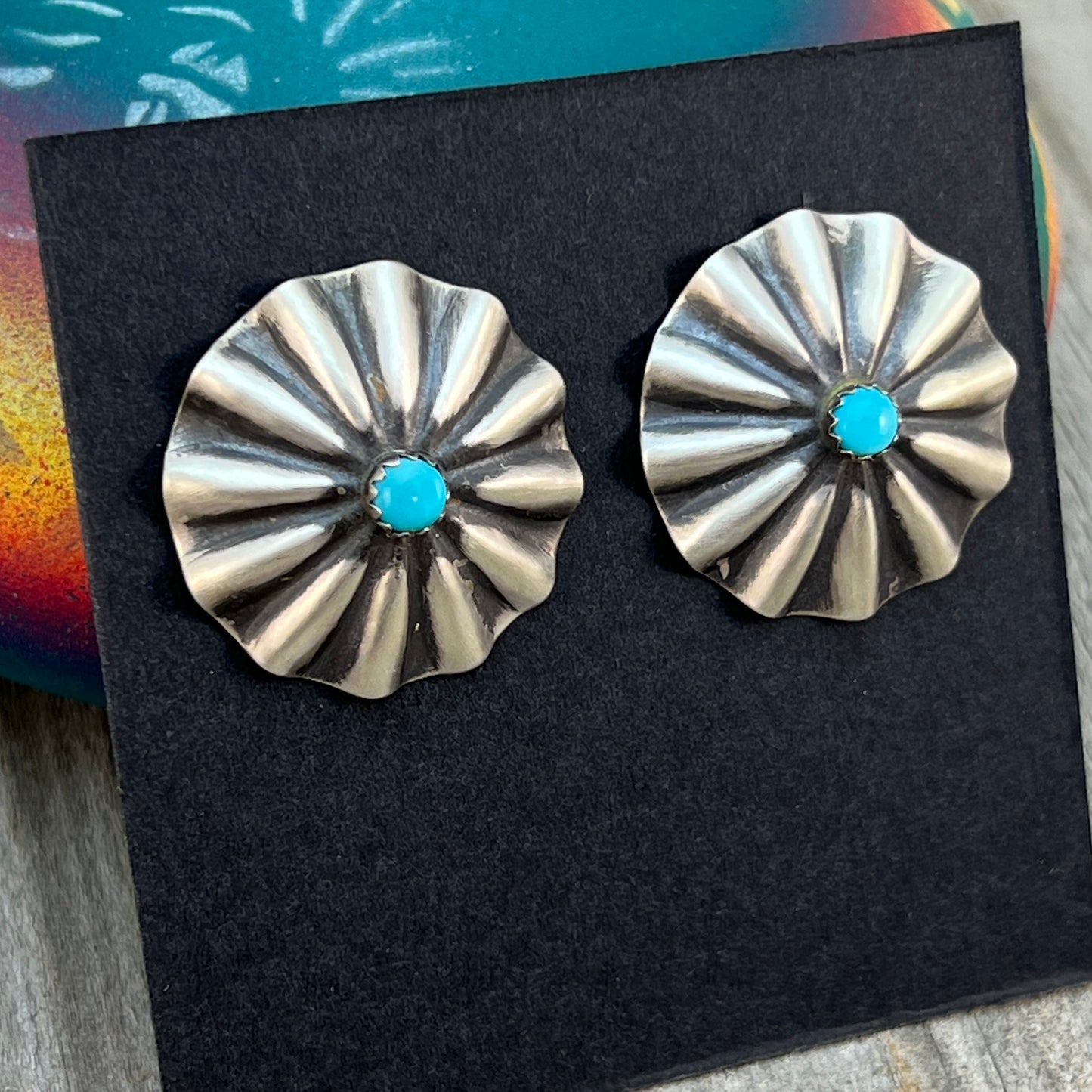 1" lightweight Corrugated stamped turquoise concho earrings Sterling silver Arlene Soce 657