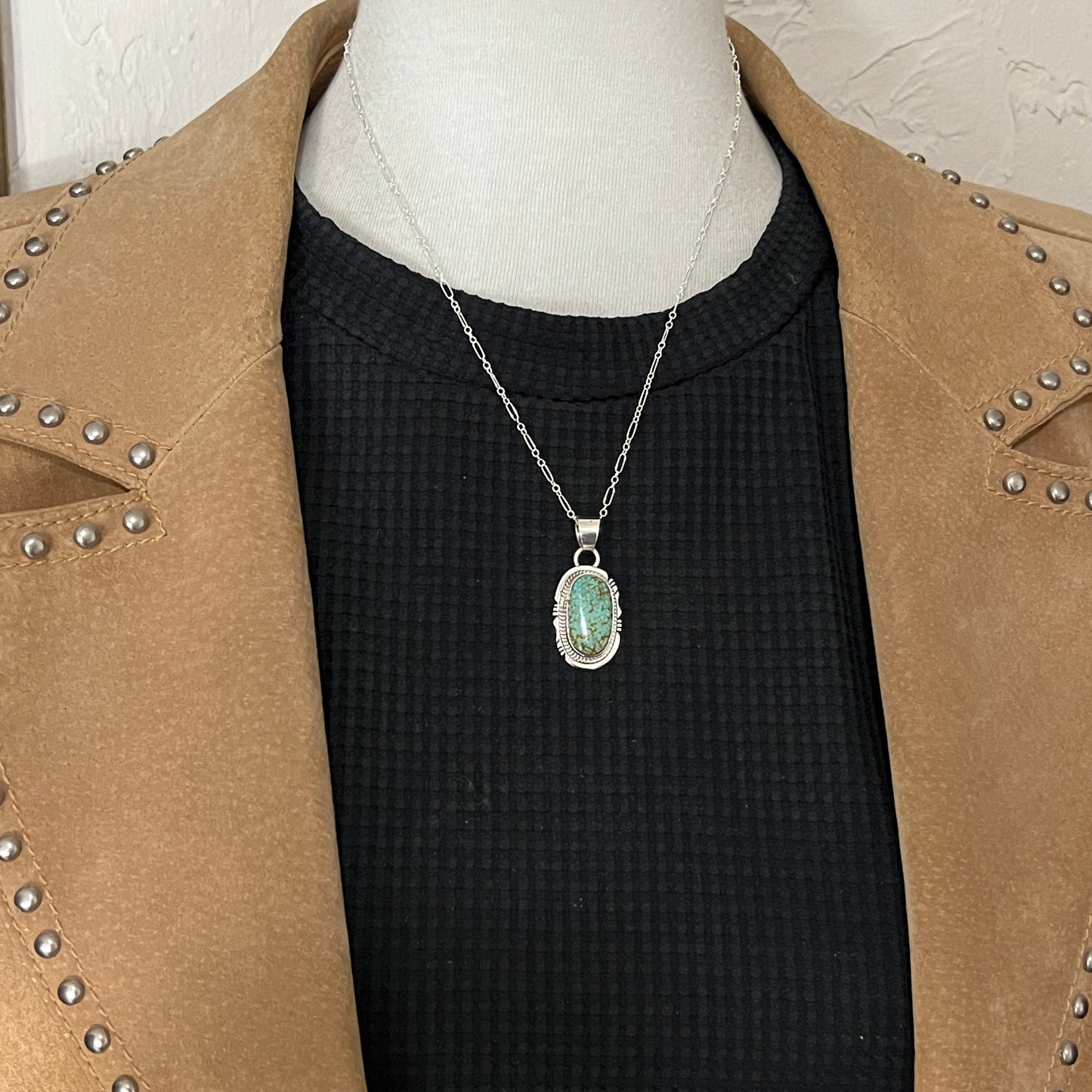 18" Sterling silver #8 Spiderweb turquoise necklace pendant Lucy Valencia Navajo 621