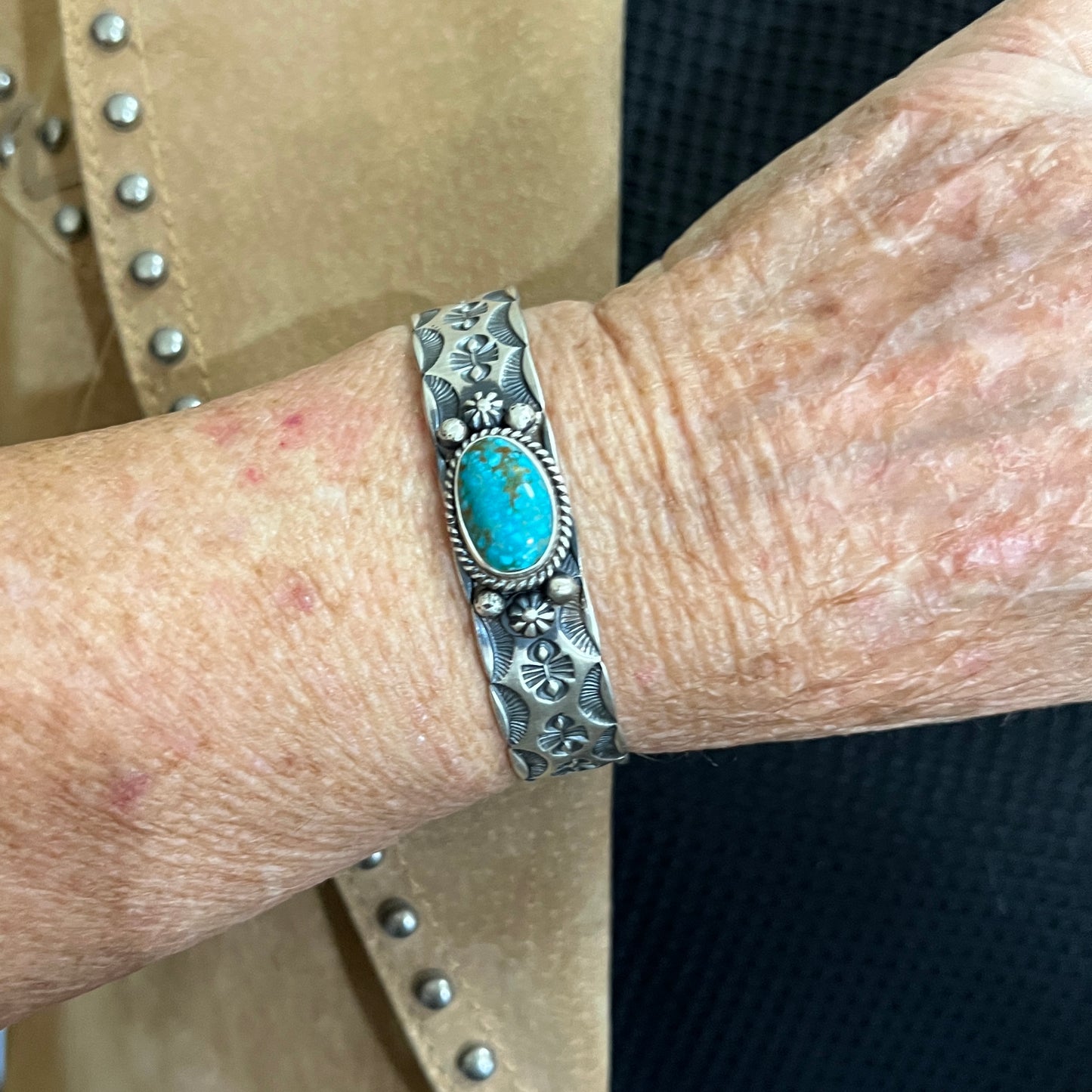 7" Kingman waterweb turquoise Cuff Bracelet, Sterling Silver Navajo Kevin Billah