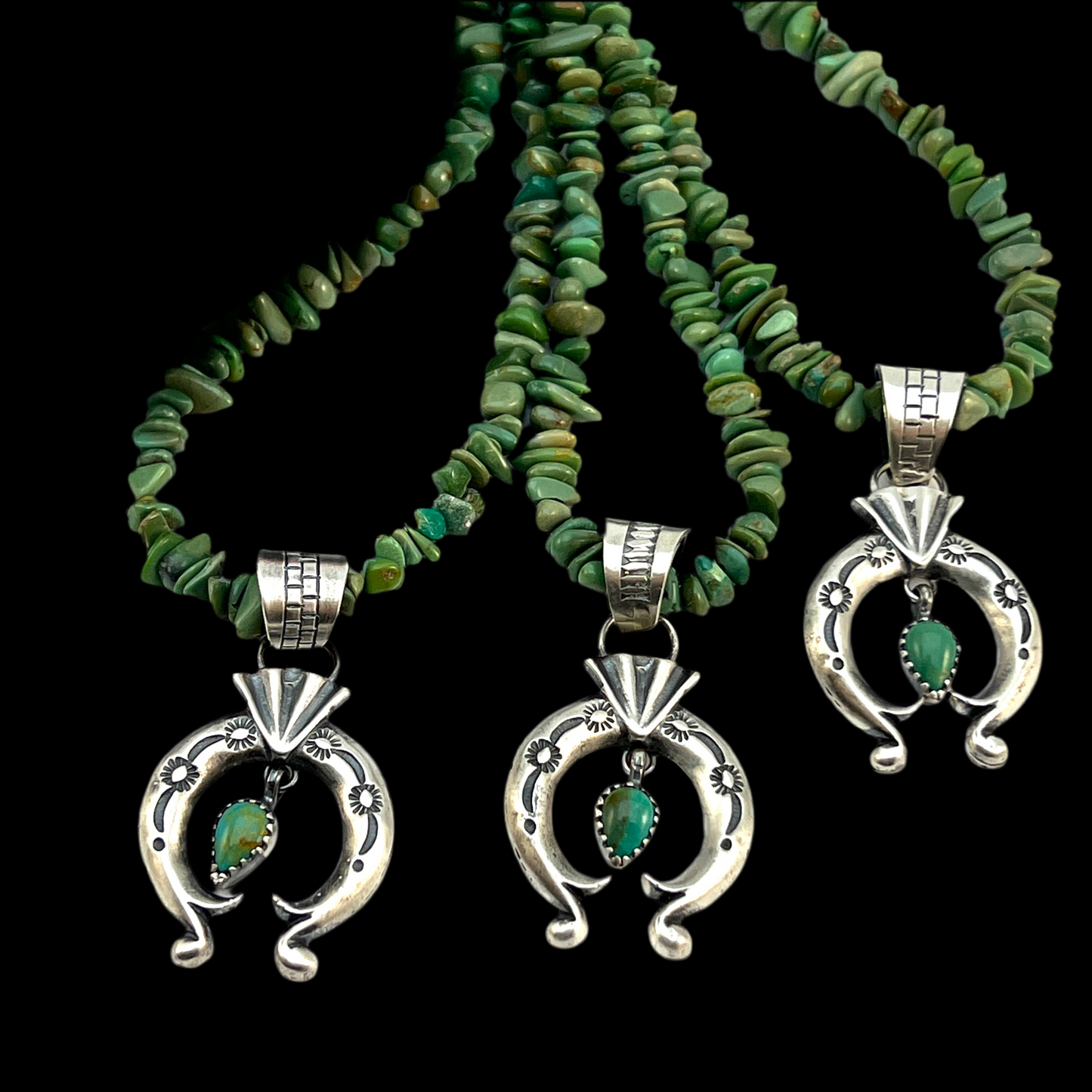17" green turquoise nugget necklace Sterling silver naja pendant Navajo Sharon McCarthy 643