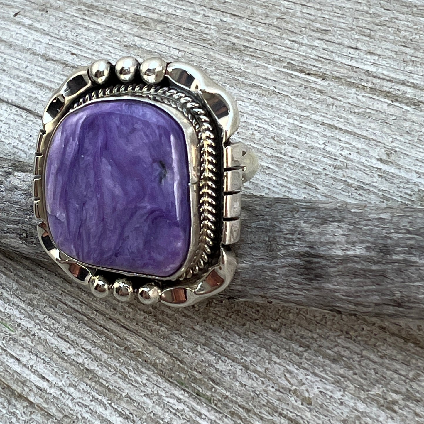 Size 8 Charoite sterling silver handmade ring #1, Navajo Samuel Yellowhair