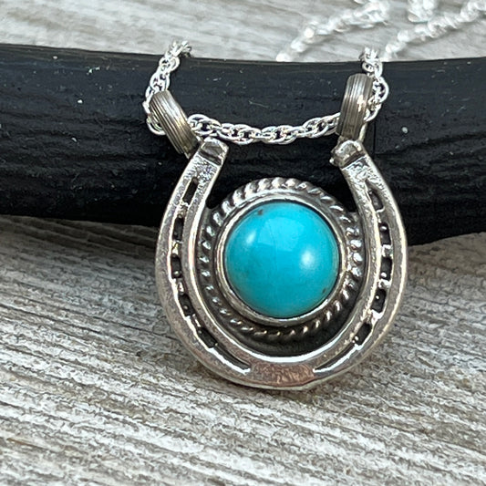 18" Sterling Silver Turquoise Horseshoe Necklace Cowgirl Rodeo Jewelry Annette Chiquito