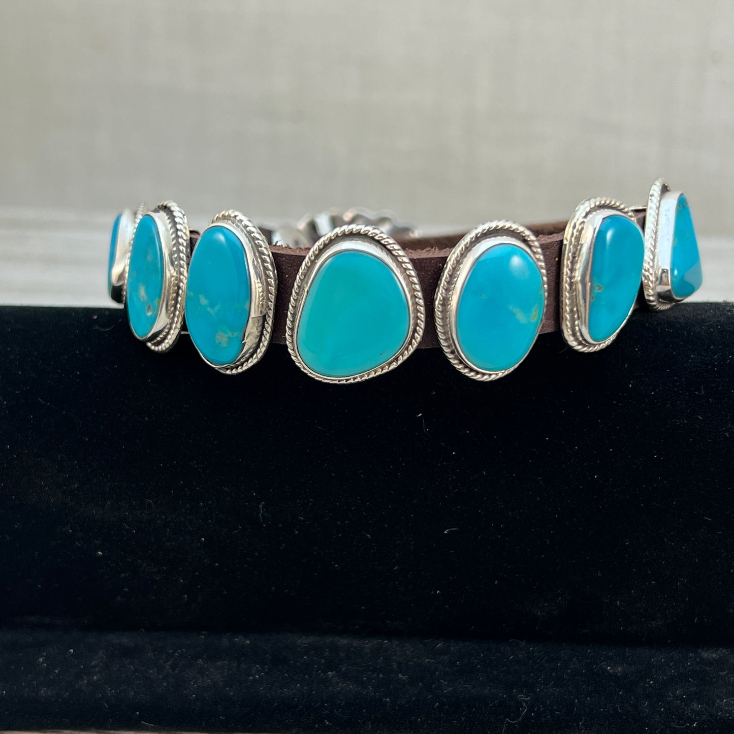 Real Turquoise leather Sterling silver bracelet #2, adjustable Navajo Marlene Ramone