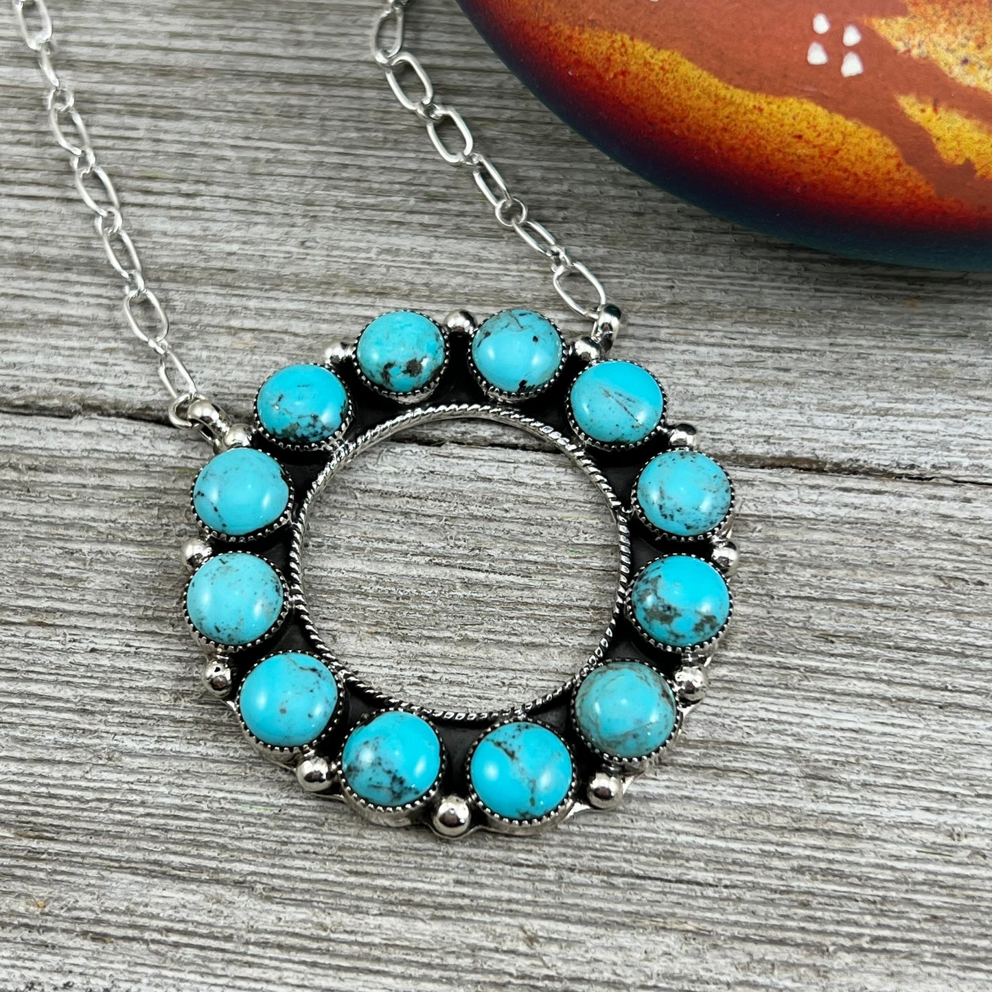 Kingman turquoise eternity open circle multi stone necklace 21", Navajo handmade Loretta Delgarito, sterling silver