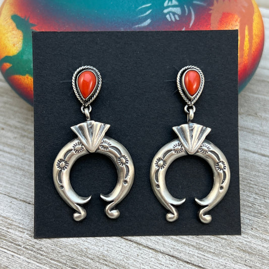 Mediterranean red coral dangle Naja earrings sterling silver Navajo Paige Gordon