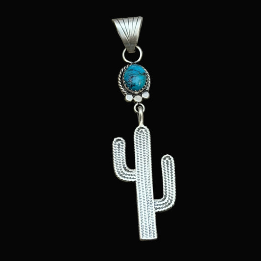 Blue Campitos Turquoise Cactus Pendant Sharon McCarthy Navajo Sterling Silver PD8