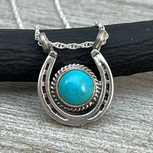18" Sterling Silver Turquoise Horseshoe Necklace Cowgirl Rodeo Jewelry Annette Chiquito