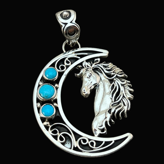 Blue turquoise horse moon pendant sterling silver Jennifer Cayaditto Navajo 821
