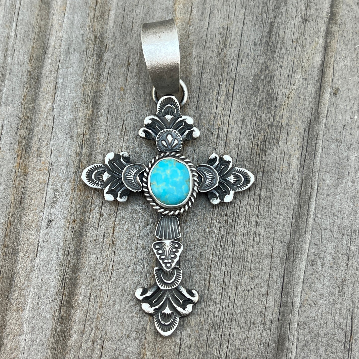 Kingman turquoise ornate cross pendant sterling silver Kevin Billah Navajo 807