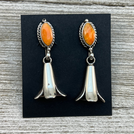 Orange Spiny Squash Blossom dangle earrings sterling silver turquoise Sheena Jack 409