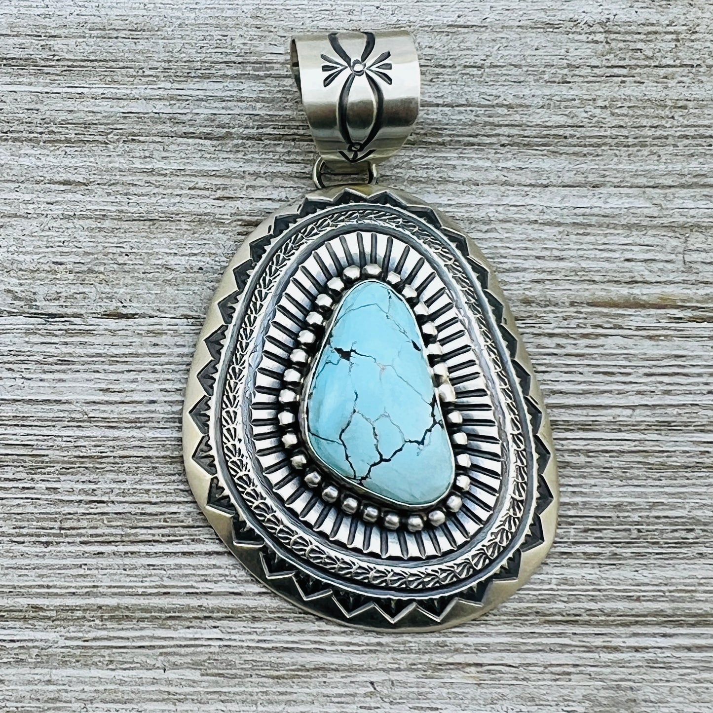 Natural Egyptian Turquoise Stamped concho pendant Arnold Blackgoat Sterling silver Navajo 851