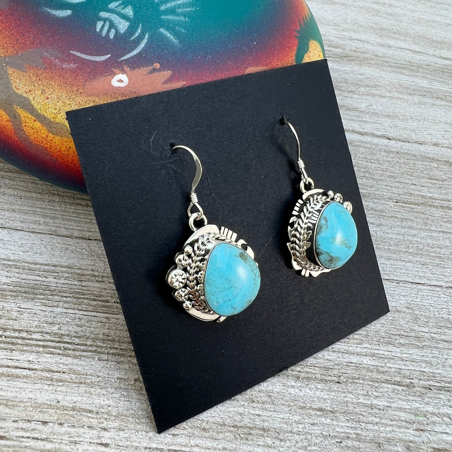 Turquoise dangle earrings #4, sterling silver, Kingman Turquoise, Navajo handmade by Arlene Lewis, signed