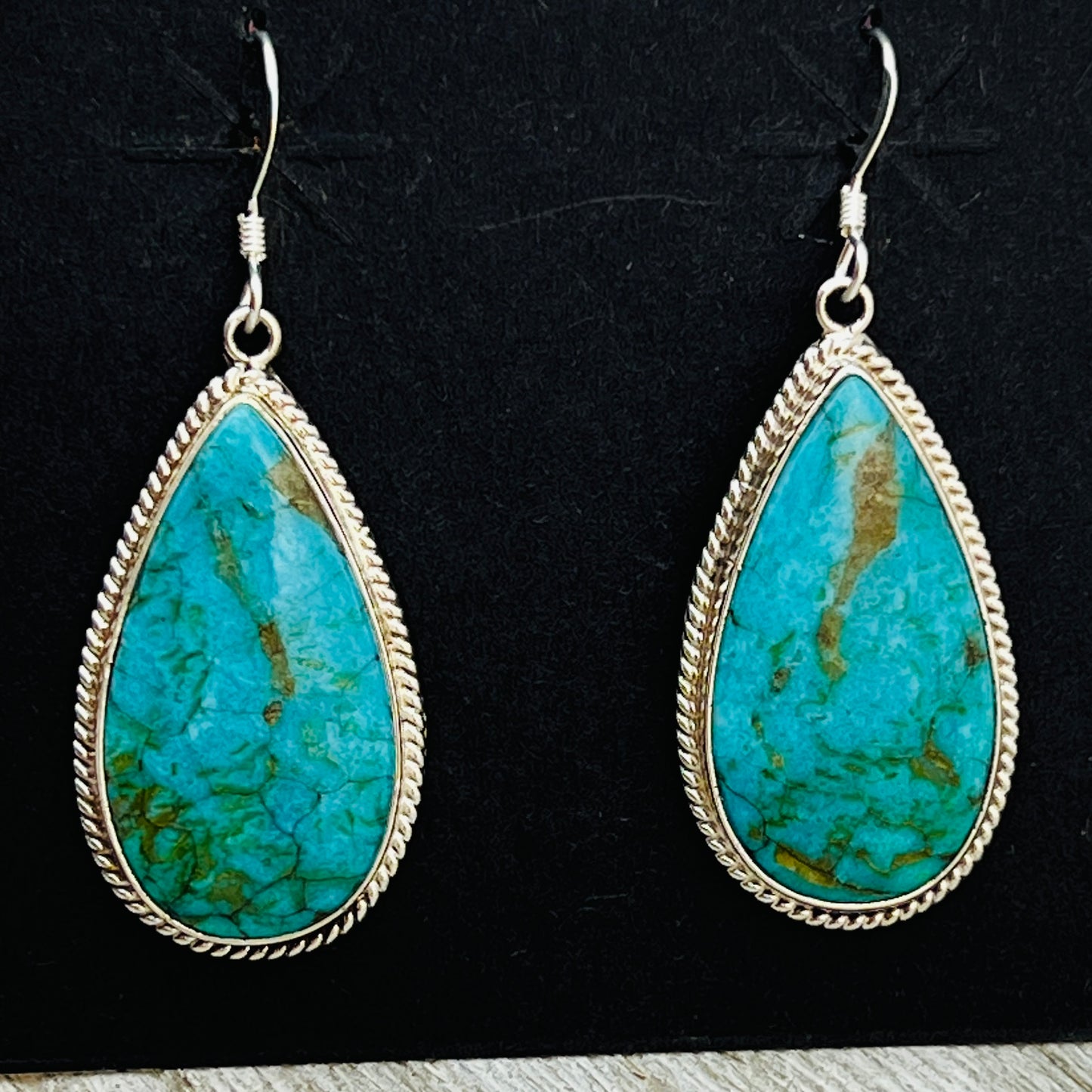 Blue turquoise teardrop earrings sterling silver Sharon McCarthy Navajo ER55