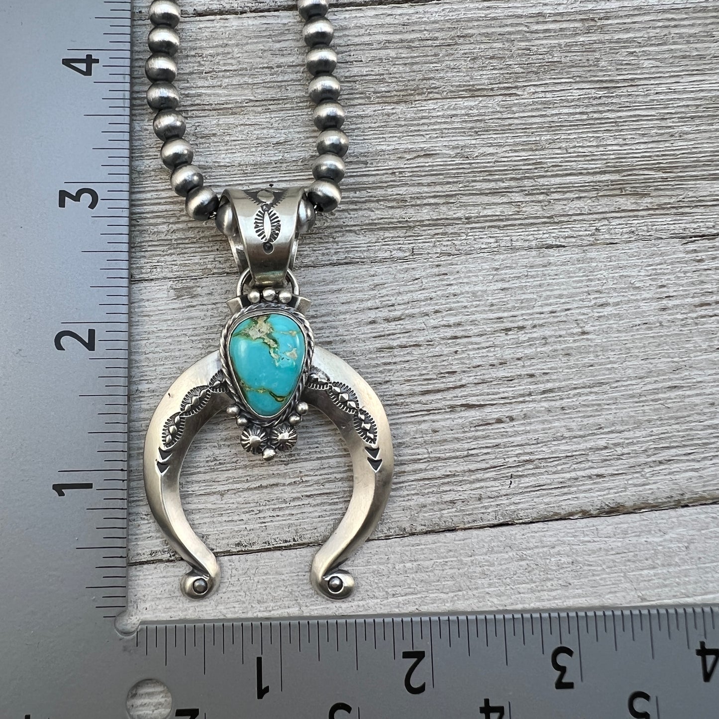 18" Sonoran Gold Turquoise Naja Necklace 6mm Sterling silver beads Samuel Yellowhair 477