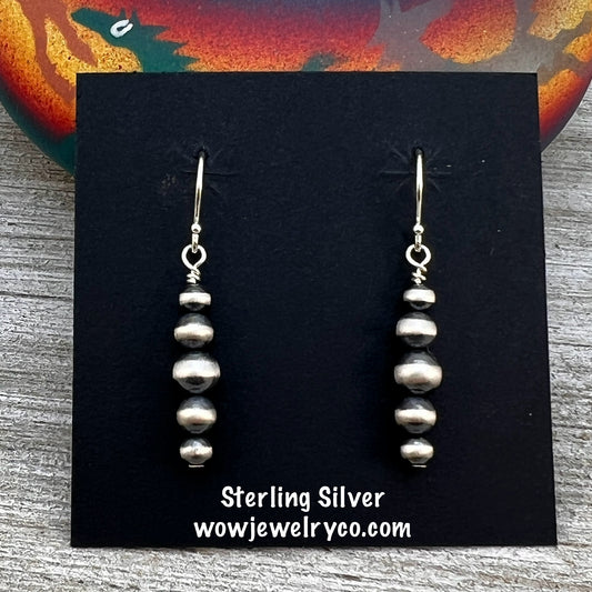 Graduated Sterling Silver Oxidized Pearl Earrings, Southwest Silver beads, Western 4mm 5mm 6mm