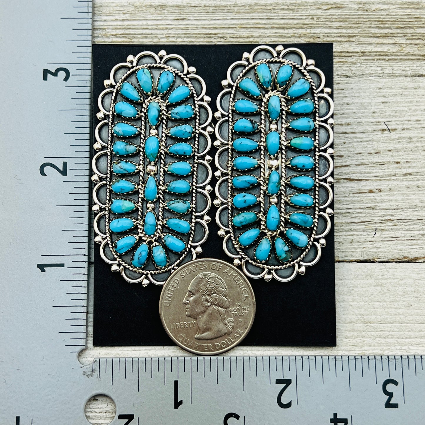 Turquoise Petit Point Large Oval Cluster Earrings Gerald Mitchell signed Sterling silver ER3