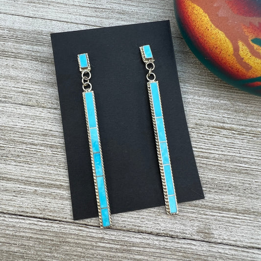 Turquoise inlay long skinny bar earrings, Zuni sterling silver handmade