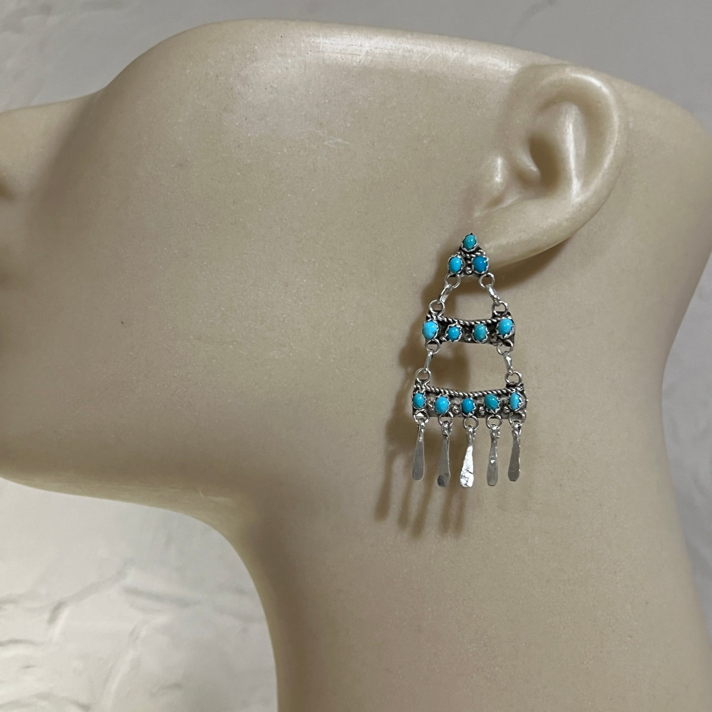 Zuni dot snake eye Turquoise 2" Chandelier long Earrings, Sterling Silver, Sylvia Chee