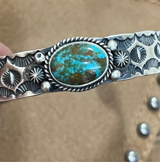 7" Kingman Turquoise Simple stamped Cuff Bracelet, Sterling Silver Navajo Kevin Billah