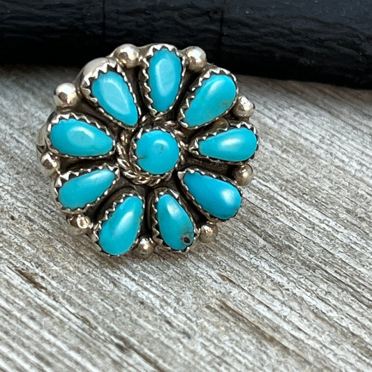 Size 8.25 Blue Turquoise Round Cluster Ring Navajo handmade Sterling Silver Alicia Wilson