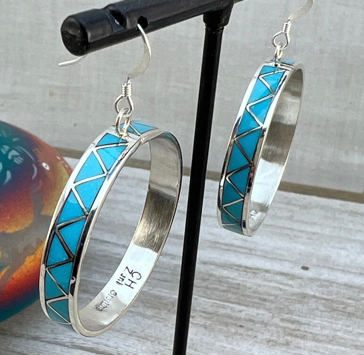 Modern Turquoise inlay Dangle hoop earrings Claudine Haloo Zuni Sterling silver ER43