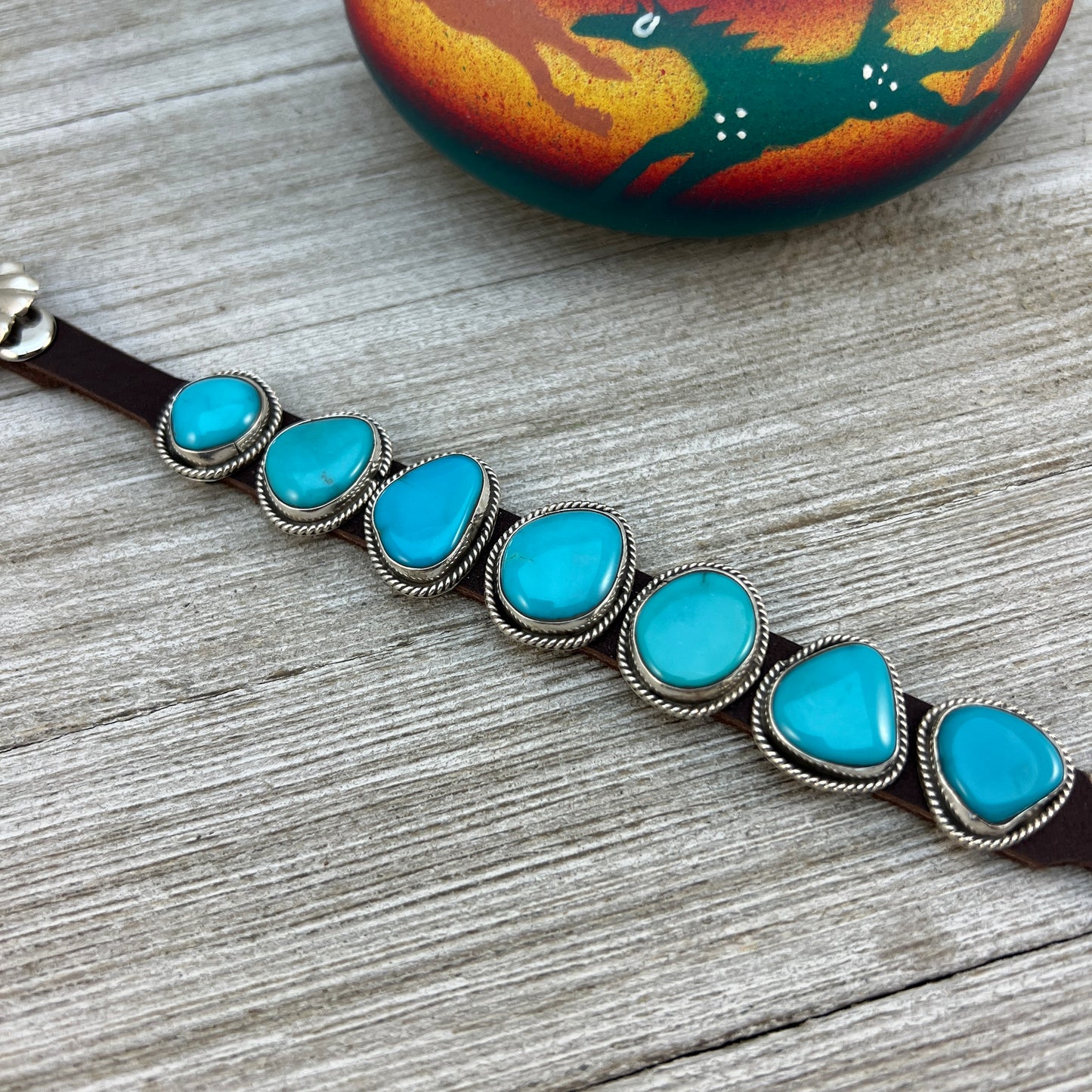 Real Turquoise leather Sterling silver bracelet #3, adjustable Navajo Marlene Ramone