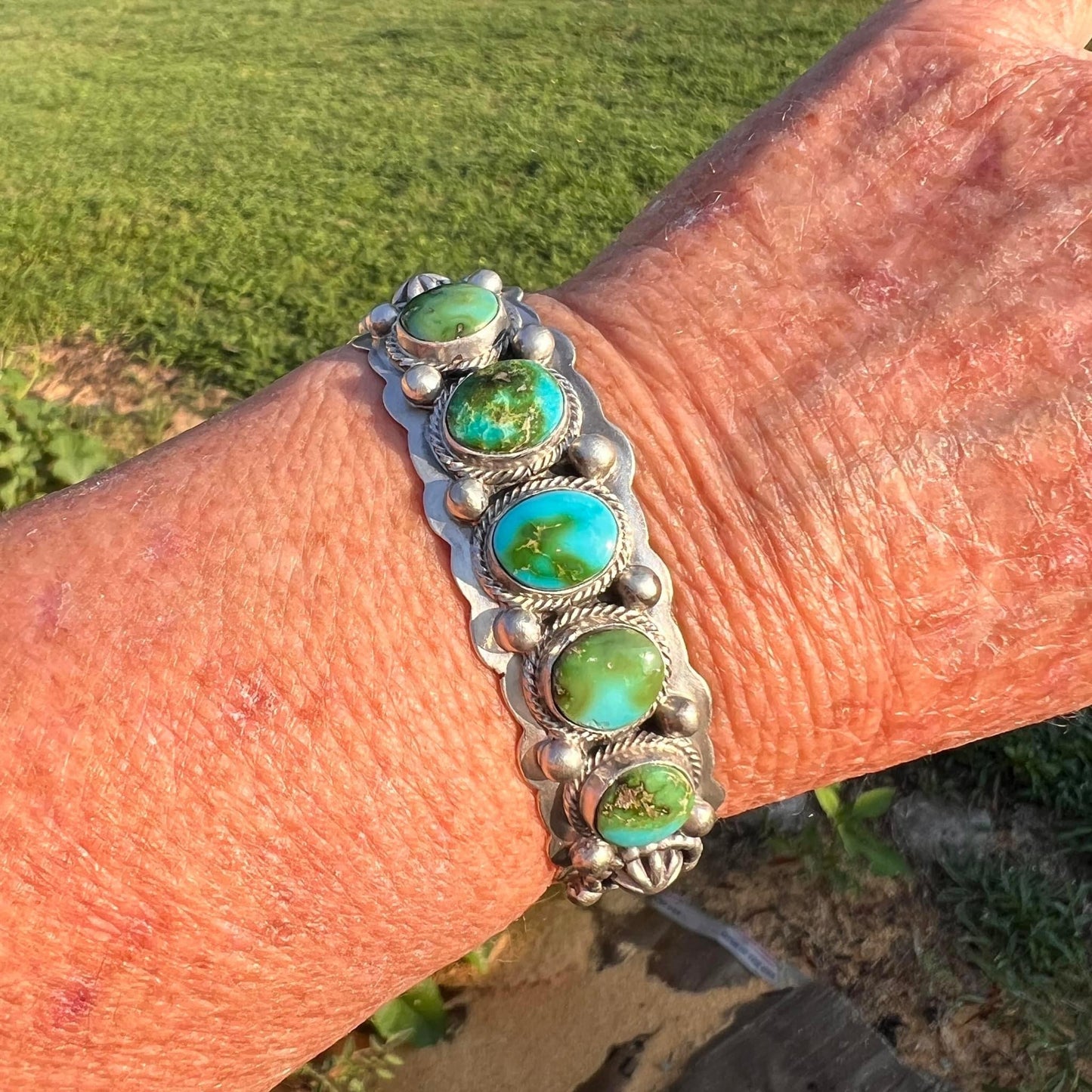 6 1/2" - 6 3/4" Sonoran Turquoise 5 stone Cuff Bracelet 2, Navajo TOM LEWIS Sterling silver