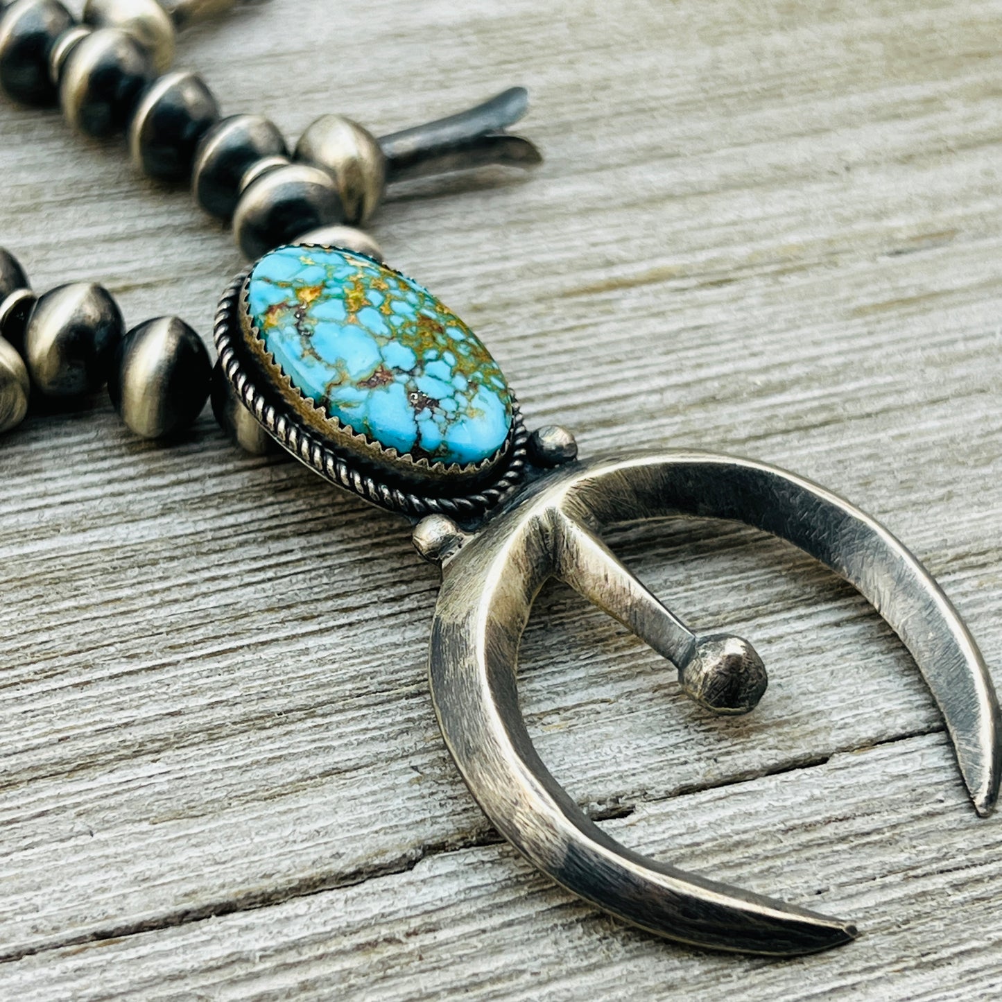 21 1/2" Sterling silver Navajo Squash Blossom necklace Preston Haley signed handmade beads