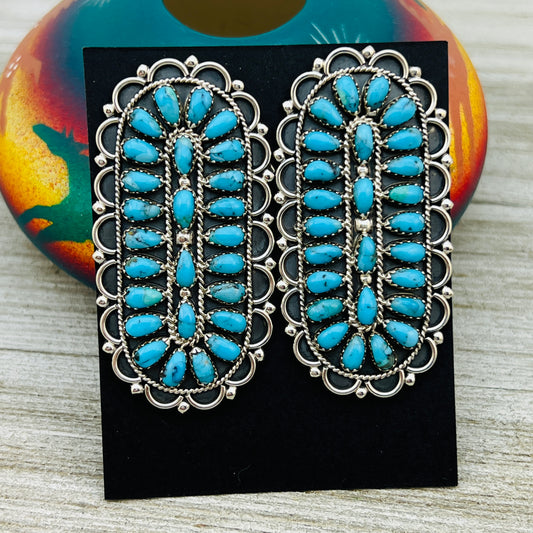 Turquoise Petit Point Large Oval Cluster Earrings Gerald Mitchell signed Sterling silver ER3