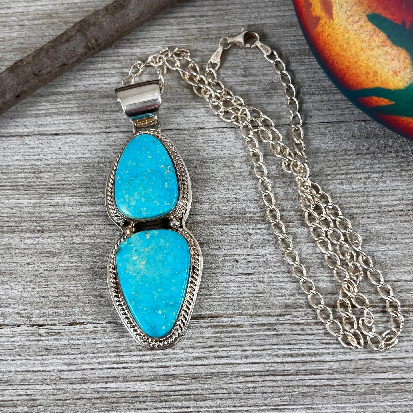 Blue Kingman Turquoise Pendant, Sterling silver, 18” chain necklace, Native American handmade Lyle Piaso,