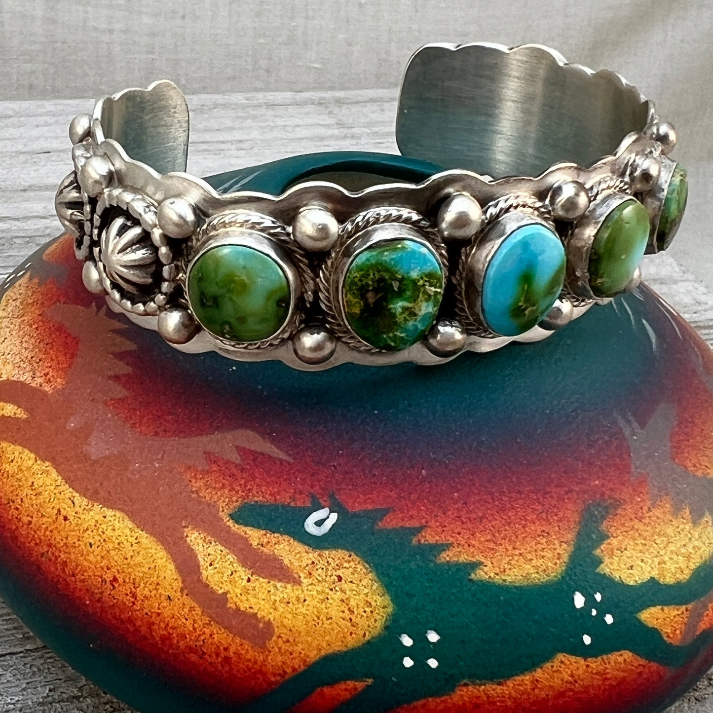 6 1/2" - 6 3/4" Sonoran Turquoise 5 stone Cuff Bracelet 2, Navajo TOM LEWIS Sterling silver