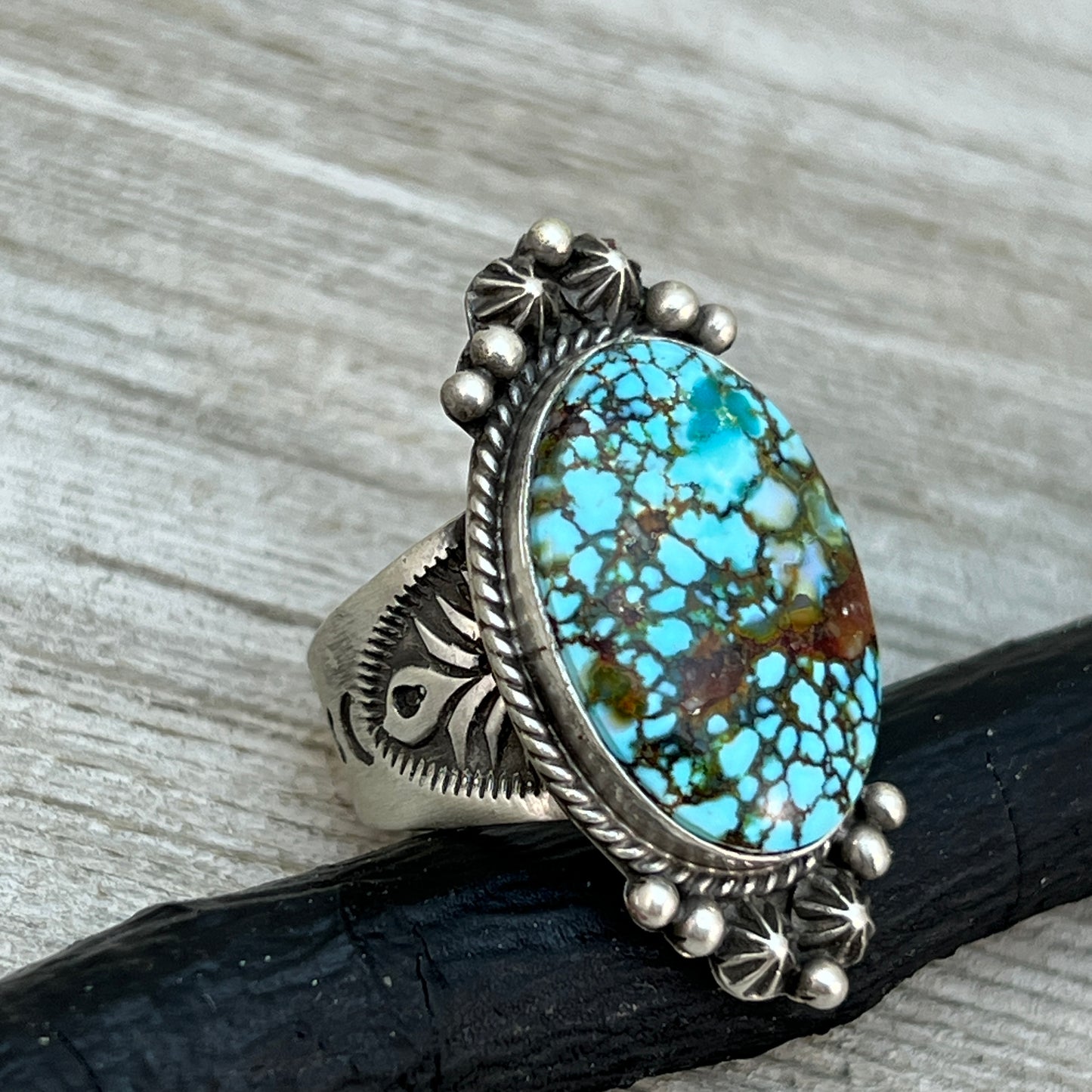 Size 8.5 Spiderweb Kingman Turquoise Ring Navajo handmade Samuel Yellowhair